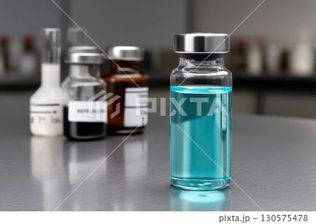 Laboratory setup showcasing a vial of blue liquid among various chemical containers 130575478