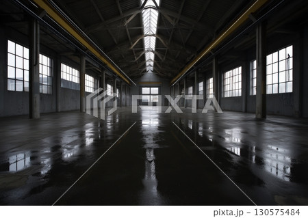 Spacious industrial warehouse with reflections on a rainy day during the afternoon 130575484