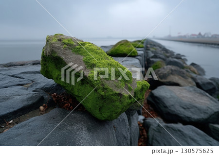 Rocky shore with moss on stones along a coastal pathway at dawn 130575625