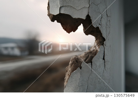 Cracked wall revealing interior texture during sunrise at an abandoned location 130575649