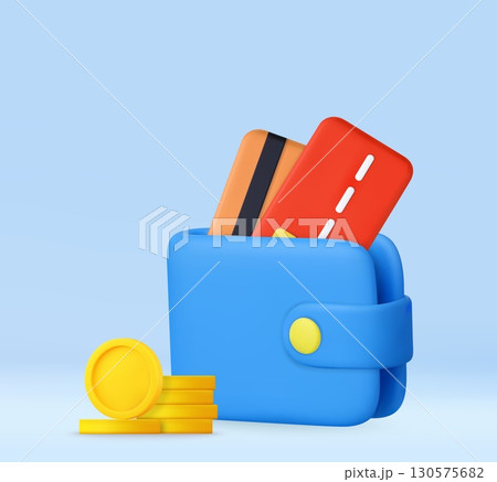 3D Wallet with Credit Cards and Coins Stack 3D Wallet with Credit Cards and Coins Stack 130575682