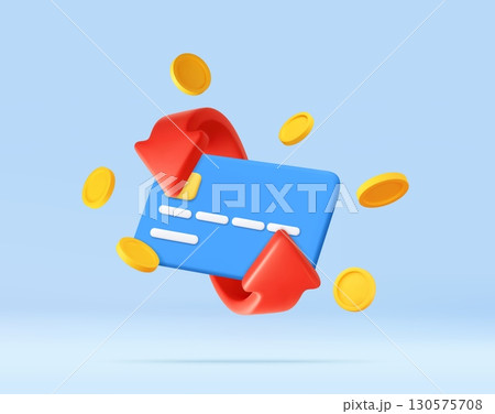 3D Credit Card with Coins and red Arrows Icon 3D Credit Card with Coins and red Arrows Icon 130575708