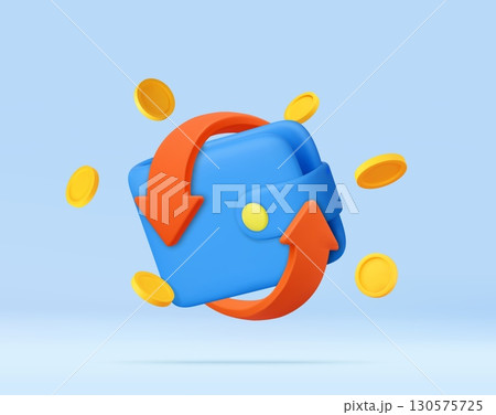 3D Wallet with Coins and Circular Arrows 130575725