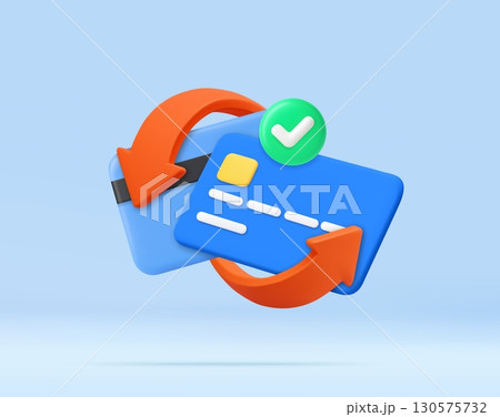 3D Credit Card with Circular Arrows Icon with a green check mark 3D Credit Card with Circular Arrows Icon with a green check mark 130575732