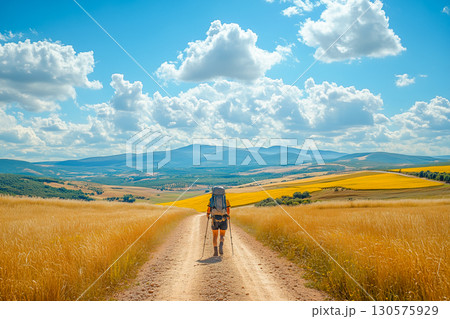 Lonely Pilgrim with backpack walking the Camino de Santiago in Spain, Way of St James 130575929