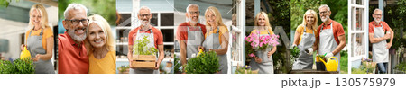 A senior couple is outside their home enjoying a day of gardening together. The man is holding a watering can and the woman is holding a potted flower. Both are smiling and appear to be happy. 130575979