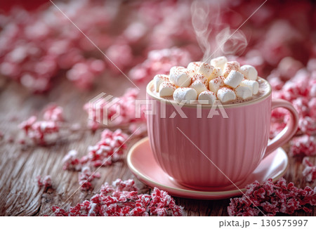 Hot drink pink cup and marshmallow on simple pastel pink background. 3D rendering, Concept banner hot drink chocolate, cocoa, coffee, cappuccino. Romantic holiday style valentine's day, Christmas 130575997