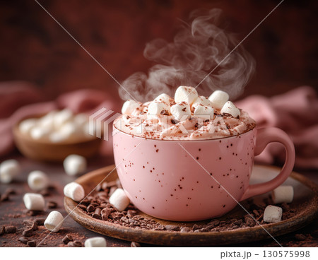 Hot drink pink cup and marshmallow pastel pink background. 3D rendering, Concept banner hot drink chocolate, cocoa, coffee, cappuccino. Romantic holiday style valentine's day, Christmas 130575998