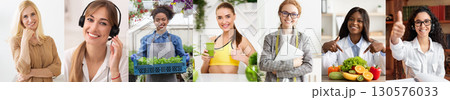 Six women of different ages are featured, each showcasing a healthy lifestyle choice. One woman holds a container of fresh greens, another holds a glass of green juice, another is wearing a sports bra 130576033