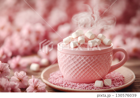 Hot drink pink cup and marshmallow on simple pastel pink background. 3D rendering, Concept banner hot drink chocolate, cocoa, coffee, cappuccino. Romantic holiday style valentine's day, Christmas 130576039