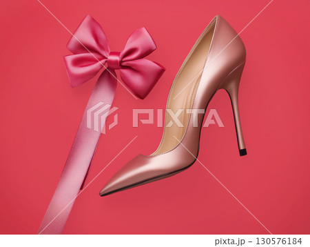 Stylish pair stylish pink fuchsia high heels featuring charming bow, perfect for elegant occasions and fashionable events, Fashion Style background, place for text, banner, advertising, sale 130576184