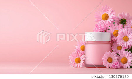 Luxurious Premium cream jar, flower, daisy, pastel, Background pink. Copy space, mockup, banner 130576189