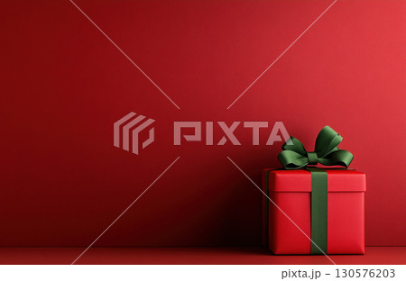 Present red gift box, ribbon red background, birthday, Christmas, Valentines Mothers Day, copy space 130576203