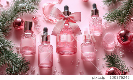 Row pink bottles oil, concentrate, serum, blank brand label, multicolored satin ribbon and gold cap pastel background, minimalist design. Cosmetics advertising concept, mockup, place text 130576243