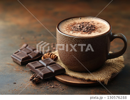 Cup hot chocolate served with stacked dark chocolate bars on wooden plate for rustic winter cozy drink concept 130576288