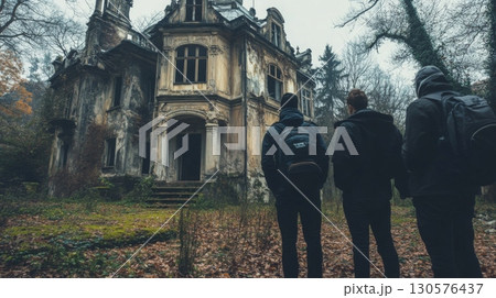 A group of three explorers gazes at a dilapidated mansion hidden in a dense forest during autumn. The overgrown surroundings reflect the passage of time, creating an eerie yet captivating atmosphere. 130576437