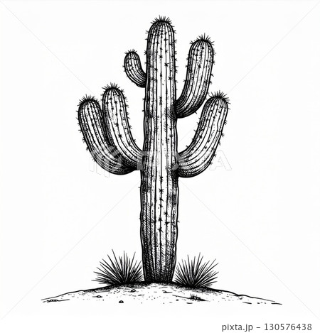 Detailed Black And White Stippled Cactus Illustration 130576438