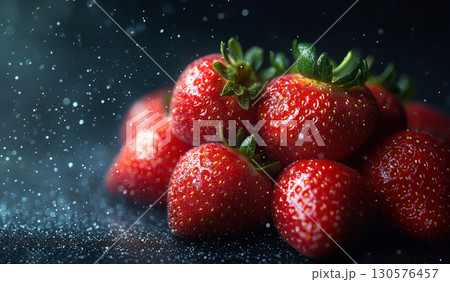 Ripe red strawberries piled in rustic corrugated blue container with vintage texture, captured in natural soft light with concrete background. 130576457