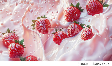 Fresh strawberries splashing into creamy pink liquid with milk, cream droplets in mid-air on soft pastel background Fresh strawberries splashing into creamy pink liquid with milk, cream droplets in mid-air on soft pastel background 130576526