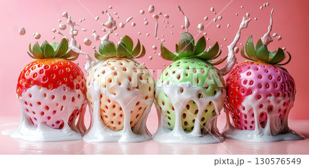 Fresh strawberries splashing into creamy pink liquid with milk, cream droplets in mid-air on soft pastel background 130576549