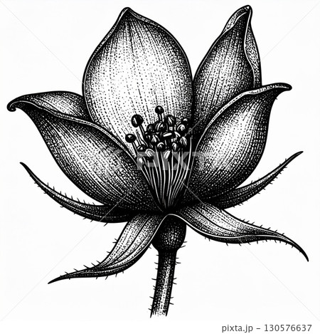 Detailed Stippled Drawing of a Black and White Rose Bud 130576637