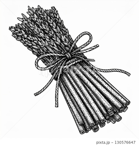 Bundle of Asparagus Tied with Twine Black and White Illustration 130576647