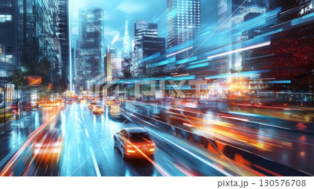 A bustling city street is filled with moving cars and bright lights from towering skyscrapers, creating a lively atmosphere. The long exposure captures the flow of traffic and energetic nightlife. 130576708