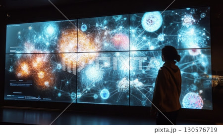 A person stands in a dimly lit room, gazing at large, multi-paneled digital display 130576719