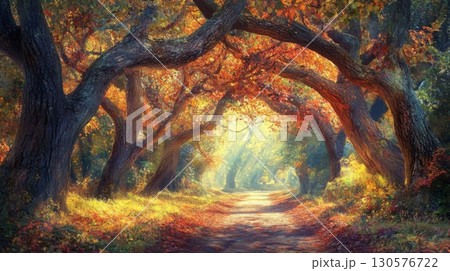A tranquil path is surrounded by beautiful trees with colorful autumn leaves, illuminated by soft morning light. The warm tones create an inviting atmosphere perfect for a peaceful stroll in nature. 130576722