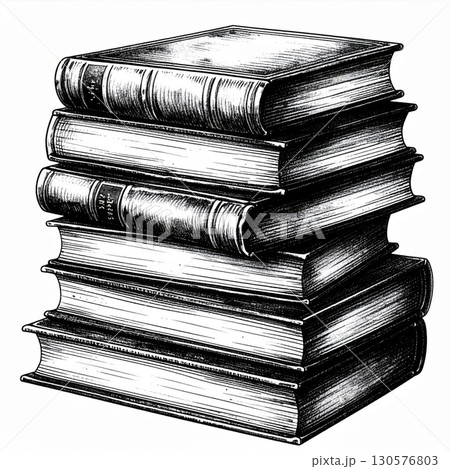 Stack of Vintage Books Black and White Illustration 130576803