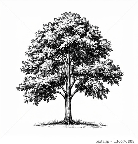 Detailed Black And White Tree Drawing Illustration 130576809