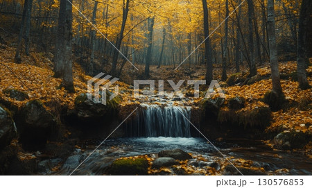 A serene waterfall cascades over rocks, surrounded by colorful autumn leaves in a dense forest. Early morning light filters through the trees, creating a peaceful and picturesque atmosphere. 130576853