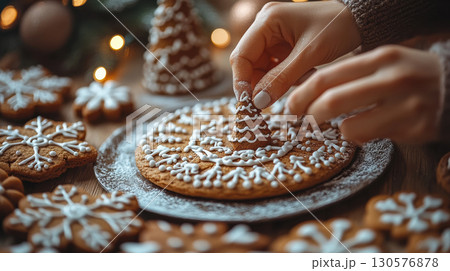 Hand picking beautifully decorated Christmas gingerbread cookies shaped like snowflakes and trees on baking tray 130576878