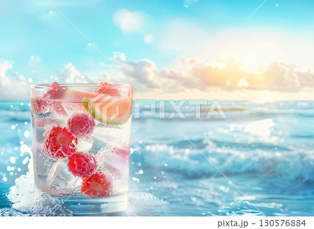 Colorful summer cocktails with fruits and ice on wooden table by the beach under bright blue sky 130576884