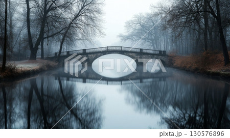 An old stone bridge arches gracefully over tranquil waters, surrounded by barren trees in a thick morning fog. The stillness evokes a sense of peace, highlighting nature's quiet beauty. An old stone bridge arches gracefully over tranquil waters, surrounded by barren trees in a thick morning fog. The stillness evokes a sense of peace, highlighting nature's quiet beauty. 130576896