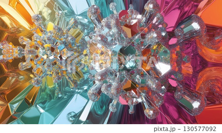 Brilliantly colored abstract formations emerge, resembling intricate crystals that reflect light in a mesmerizing way. The vivid hues of orange, turquoise, and pink create a stunning visual effect. 130577092