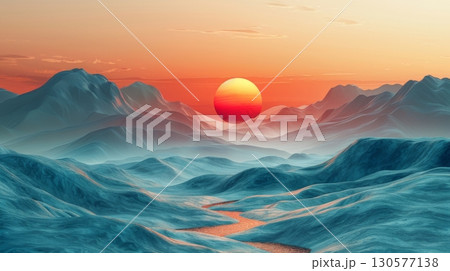 A painting showing a vibrant sunset casting warm hues over a majestic mountain range with rugged peaks and a glowing sky. A painting showing a vibrant sunset casting warm hues over a majestic mountain range with rugged peaks and a glowing sky. 130577138