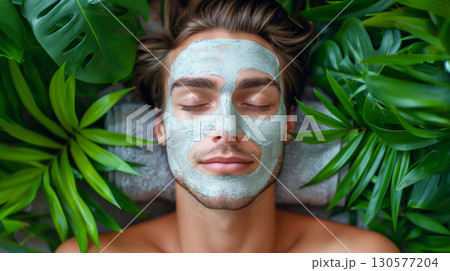 A serene man with a clay mask on his face nestled among lush foliage. 130577204