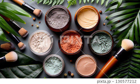 Various types of makeup products including lipstick, eyeshadow, foundation, and brushes spread out on a table. 130577212