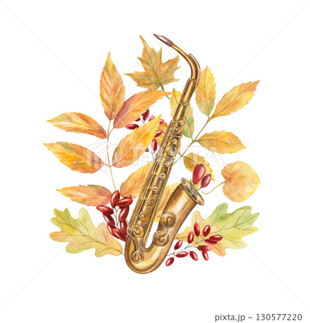 Watercolor brass saxophone among autumn golden leaves, barberry illustration on isolated background. Woodwind musical instrument, red berries, walnut, maple and oat leaf. Fall jazz festival design 130577220