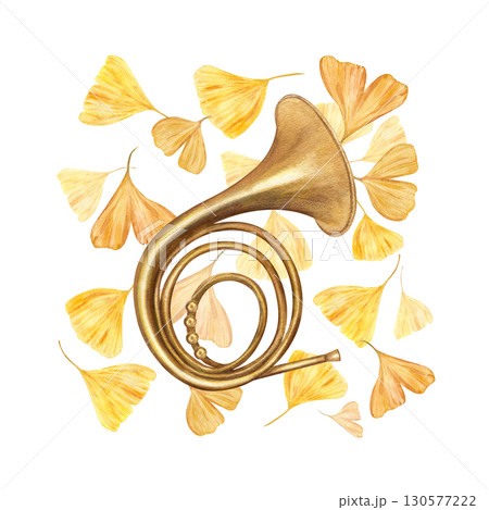 Largest brass tuba musical instrument on flying golden gingko biloba leaves watercolor illustration on isolated background. Wood wind vintage horn, autumn leaf. Musical composition for festival decor 130577222
