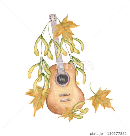 Six string guitar decorated maple seeds and leaves watercolor illustration on isolated background. Brown musical stringed instrument and plant in autumn colors. For fall music design, jazz festival 130577223