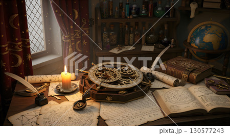 An atmospheric astrologer's workplace with ancient manuscripts and tools. 130577243