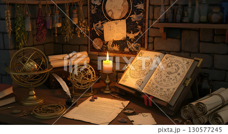 An atmospheric astrologer's workplace with ancient manuscripts and tools. An atmospheric astrologer's workplace with ancient manuscripts and tools. 130577245