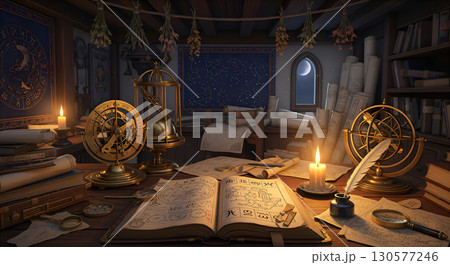An atmospheric astrologer's workplace with ancient manuscripts and tools. 130577246