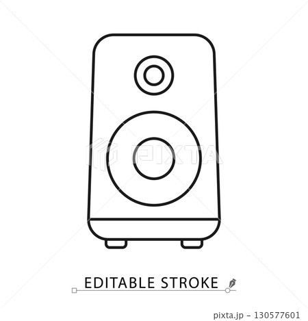 A speaker icon in minimalist style with editable stroke. Audio device symbol, sound element, music object, entertainment concept, multimedia pictogram, home equipment design, stereo graphic 130577601