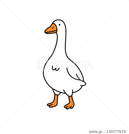 Minimalist goose standing calmly in profile view. Simple farm bird vector with clean black outlines 130577679