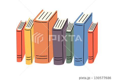 Colorful books in a row. Flat vector illustration of various sizes and colors for library or education themes 130577686