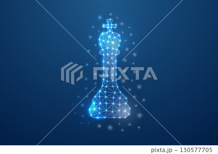 Futuristic glowing chess king piece in low poly style with bright connected dots on dark digital background 130577705