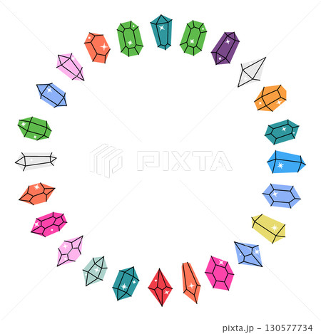Colored crystals in circle. Magic gem stones. Crystals of various geometric shapes and sizes 130577734